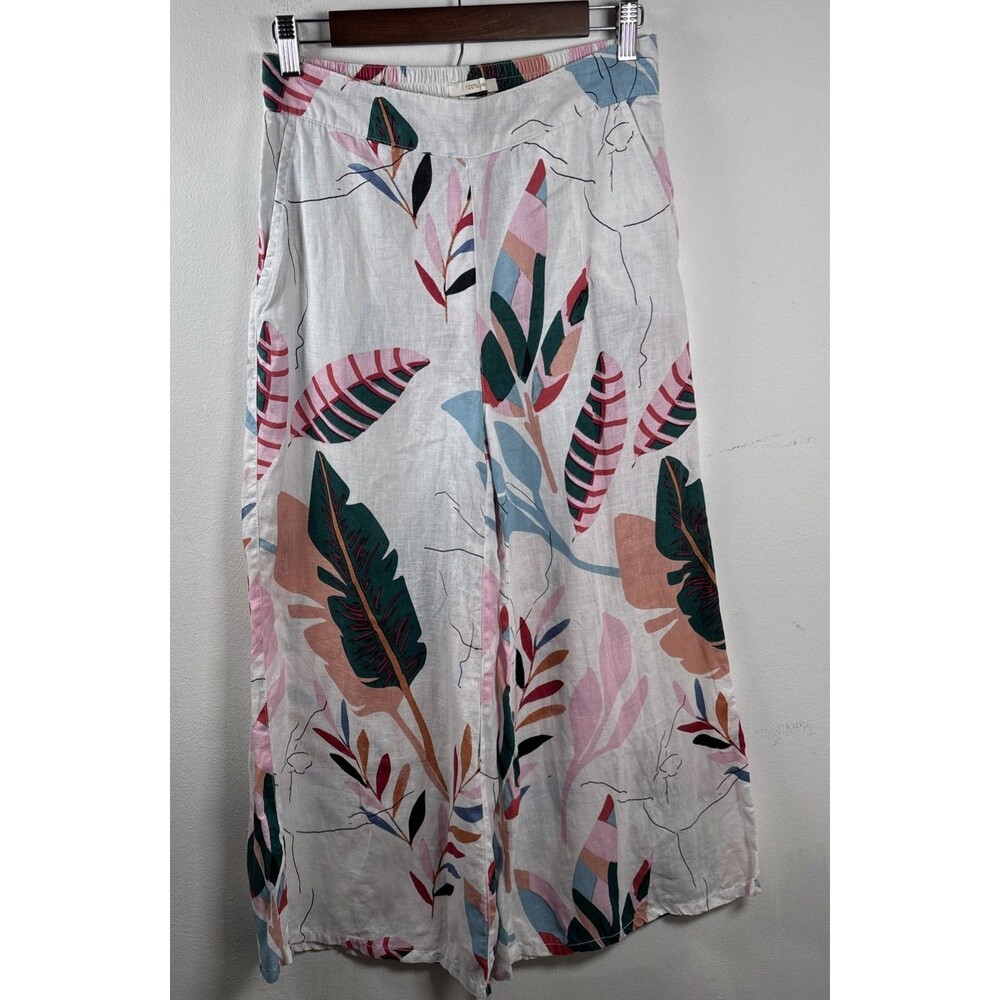Cynthia Rowley 100% Linen Wide Leg Tropical Pockets Elastic Waist Pants Size S